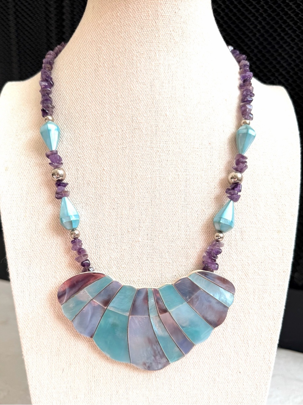 Karla Jordan Amethyst Shell Mosaic Statement Necklace Turquoise 23”